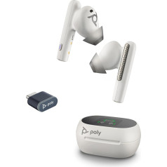 Poly Voyager Free 60+ UC In-Ear austiņas - trokšņu slāpēšanas mikrofoni skaidrai sarunai - ANC - uzlādes futrālis ar skārienjūtīgu ekrānu - darbojas ar iPhone, Android, PC/Mac - sertificēts komandām - balts