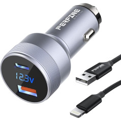 PERFINE 48 W Autoladegerät USB C 2 Ports Zigarettenanzünder-Adapter USB-Ladegerät 30 W PD 3.0 ir 18 W QC 3.0 Schnellladung (su skaitmeniniu voltmetru + 2 m USB kabelis iPhone)