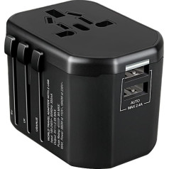 GOworld USB universālais ceļojuma adapteris vairāk nekā 200 pasaules valstīm, 100-240 V, 8 A, 2 x USB, 5 V 2,4 A inteliģenta identifikācija