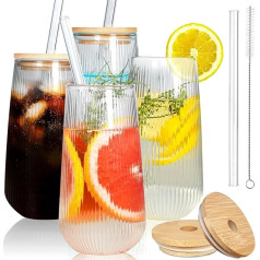 ONEHAUS Vintage ribota stikla trauku komplekts ar bambusa vāciņiem un salmiņiem 18oz, 4 trauki