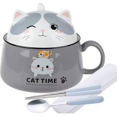 Lachineuse - Ramen bļoda Kawaii Cat ar vāku - Cat Time Ramen bļoda 1020 ml - Makaronu zupas bļoda - Makaronu bļoda - Graudaugu bļoda ar rokturi - Pelēka krāsa