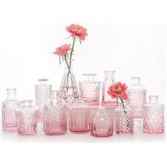 SUPMIND 12 Pieces Glass Vases Set, Small Flower Vase for Centerpieces, Pink Bud Vases in Bulk Pack, Mini Vintage Vase for Rustic Wedding Decorations