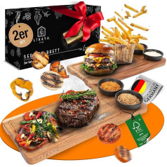 LIKAYA® Luisa Servēšanas dēļu komplekts no 2 gabaliem, kas izgatavoti no FSC® sertificēta akācijas koka ar mērču bļodiņām - lieliski piemērots kā grilēšanas dēlis, steiku dēlis, grilēšanas piederums un dāvana steikiem, burgeriem un s