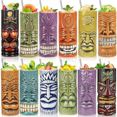 SuproBarware Tiki Cups Set of 12 - Large Cocktail Tiki Glasses Hawaiian Party Cute Exotic Cocktail Glasses Hawaiian Ceramic Mug