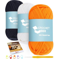 CrochetBox verpalai nėrimui ir mezgimui - 3 vienetai medvilnės ir nailono mišinio verpalų, juodi, natūraliai balti, oranžiniai, 50 g, 45 m, lengvai matomi, dygsniai, nesipainioja, tinkami pradedantiesiems