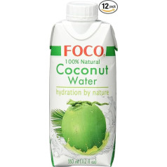 FOCO Kokosriekstu ūdens tīrs atsvaidzinošs slāpju remdinošs sporta dzēriens ar zemu kaloriju daudzumu dabiski vegānisks 100% kokosriekstu ūdens - 12 x 330ml