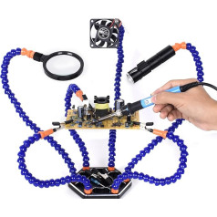 Upgraded Flexible Helping Hands Soldering Third Hand Soldering Station Tool (Magnifier and Mini Flashlight + Non-Slip Aluminum Base + 7 Helping Hands + DC Fan + 360 Degree Rotating Clips)