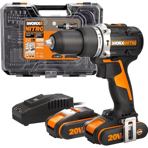 WORX Nitro WX352.4 Akumulatora urbis ar āmuru 18 V (20 V Max), PowerShare, bezsuku motors, 60 Nm, mainīga ātruma kontrole, LED gaisma, 75 gab. akumulatoru komplekts, 2 gab. 2,0 Ah akumulatori komplektā