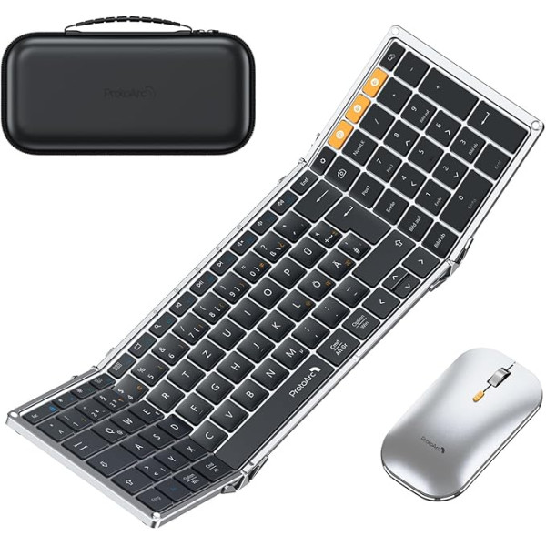 ProtoArc XKM01 salokāmā tastatūra un pele, pilna izmēra Bluetooth salokāmā tastatūra ar ciparu tastatūru, 2.4G + Dual Bluetooth salokāmā tastatūra ar QWERTZ izkārtojumu Windows/Mac/Android, melns un sudraba krāsā