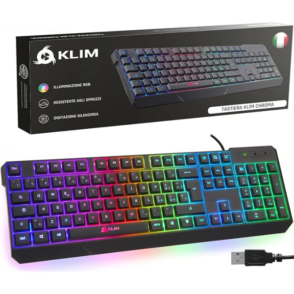 ⭐️KLIM Chroma Gaming Keyboard QWERTY ITALY Wired USB - Augstas veiktspējas - Jaunā versija - Hromatiskais apgaismojums Gaming Black RGB PC PS4 Windows Mac