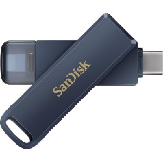 SanDisk Phone Drive, zibatmiņas zibatmiņas disks 2-in-1, iPhone krātuve 128 GB (iPhone, iPad, PC un Mac, automātiska dublēšana, Lightning un USB Type-C pieslēgvieta, Passort aizsardzība, šifrēšana), metālisks, debeszils