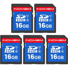 INDMEM SD karte 16GB, 5 iepakojumi, SD atmiņas karte 16GB UHS-I SDHC U1 Class 10, ātrdarbīga 16GB SD karte digitālajai kamerai, datoram, taku kamerai