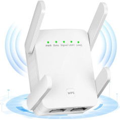 WLAN pastiprinātājs ar 1200 Mbps, WLAN divjoslu 2,4GHz un 5,8GHz WLAN retranslators, WiFi pastiprinātājs, interneta pastiprinātājs ar ārējām 4 x 2dBi divjoslu antenām, interneta pastiprinātājs līdz 3000 m² (balts)