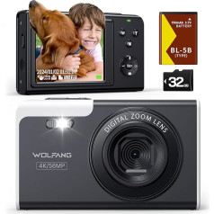 WOLFANG digitālā kamera, 4K bērnu kamera fotografēšanai, 56MP kompaktā videokamera, 16X digitālā tālummaiņas videokamera, autofokusa uzrādīšanas un uzņemšanas digitālās kameras, dāvana studentiem, pusaudžiem