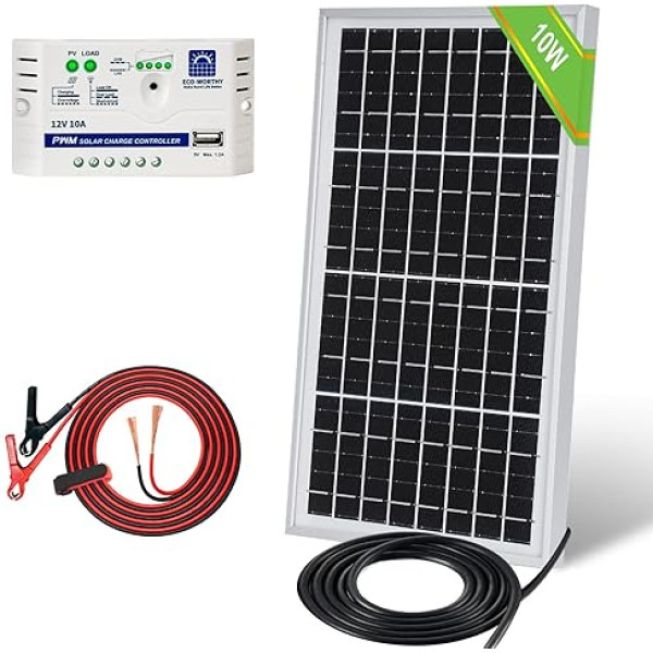 ECO-WORTHY saules paneļu sistēma, 12 V, 10 W, 25 W polikristāliskais PV panelis ar 3 vadu 30 A akumulatora skavām, 182 cm pagarināšanas kabelis un 3 A / 12 V / 24 V fotoelementu sistēma kempingam