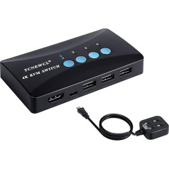 TCNEWCL KVM slēdzis HDMI 4 porti, 4K USB HDMI slēdzis 4 datoriem, 1 HD monitoram un 3 USB ierīcēm, tastatūras peles un printera atbalsts, ar tālvadības pulti un 2-in-1 kabeli