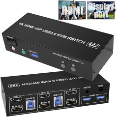 DP + HDMI KVM slēdzis 2 datoru 2 monitoriem, 4K @ 60Hz HDMI DisplayPort paplašināts displeja slēdzis 2 datoru 2 monitoriem un 3 USB 3.0 pieslēgvietām, komplektā ietilpst tālvadības pults un USB kabelis