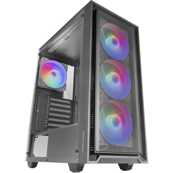 MARSGAMING MC-AIR, spēļu ATX korpuss, 4 x FRGB Rainbow 120 mm ventilatori, sieta priekšējais panelis, sānu rūdīta stikla logs, dubultās kameras sistēma, ūdens dzesēšanas atbalsts, melns