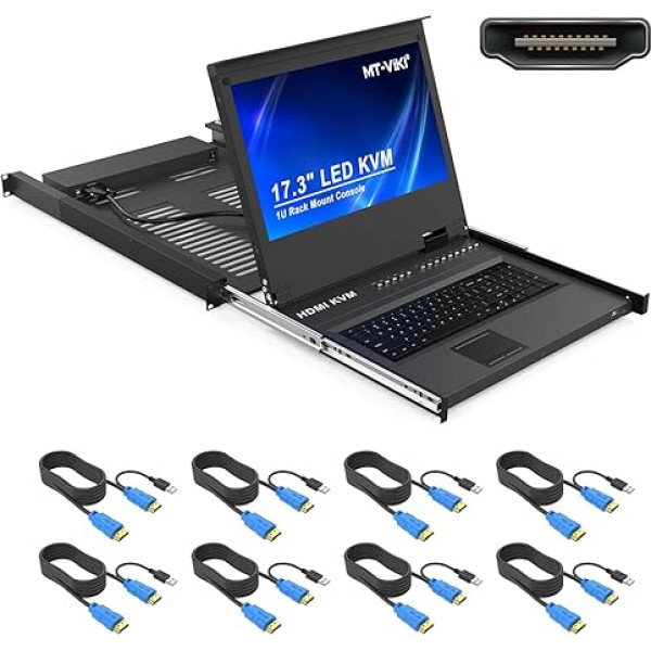 MT-VIKI 1U HDMI LCD KVM konsole ar 8 pieslēgvietām un 17,3 collu LCD monitoru 1HE 19 collu skapja atvilktnei 600-800 mm karsto taustiņu OSD ar 8 x kabeļiem 1920 x 1080