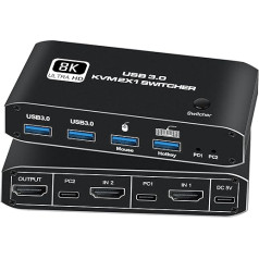 HDMI KVM Switch 8K 60Hz, KVM Switch 2x1 HDMI2.1 Ports + 4X USB 3.0 KVM Ports, Share 2 Computers One Monitor with One Keyboard Mouse, Supports 4K 120Hz, YUV 4:4:4, HDCP 2.3, HDR 10, Hotkey