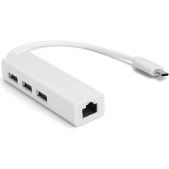 USB uz Ethernet adapteris, USB-C Ethernet LAN tīkla adapteris ar 3 USB 2.0 pieslēgvietām, 24pin 100M RJ45 Ethernet adaptera pārveidotājs, priekš XP/7/8/OS X (balts)