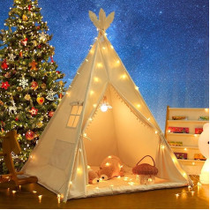 LIONHERZ® Tepee telts bērniem, izgatavota no 100% kokvilnas, ar mīkstu paklājiņu, somiņu un spalvu rotājumu, stabila, iekštelpu un āra spēļu telts, rotaļu namiņš meitenēm un zēniem