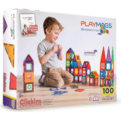 Playmags 100 gabaliņu super komplekts: Garantēti spēcīgākie magnēti, izturīgi, īpaši izturīgi, ar spilgtām caurspīdīgām krāsainām flīzēm. Komplektā iekļauti 18 gabaliņu Clickins piederumi lielākam radošuma bonusam.