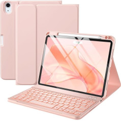 Vobafe Korpuss ar tastatūru iPad Air 11 collu M2 2024/iPad Air 6 5 5 4 2022 2020 10,9 collu, 7 krāsu izgaismots, ar noņemamu tastatūru, TPU aizmugures apvalks ar pildspalvas turētāju, QWERTZ izkārtojums, rozā krāsā