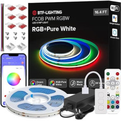 BTF-LIGHTING FCF-LIGHTING FCOB COB RGBW LED Strip WLAN komplekts 5 m 896LEDs/m RGB+Natural White 4000K 24V Light Strip ar SP544E 2,4 GHz WiFi RGBW LED kontrolieri, kas saderīgs ar Alexa Google Home, DIY mājas lietošanai