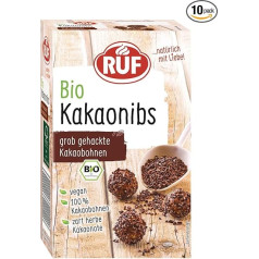 RUF organiskās kakao pupiņas, 100% rupji sasmalcinātas kakao pupiņas, ar maigu pikantu kakao piegaršu, vegāniskas un bioloģiskas kvalitātes, kā papildinājums bļodām un desertiem, 1 x 150 g