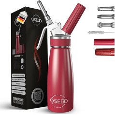 OSEDO® krējuma dozators 500 ml - Komplektā ietilpst 3 nerūsējošā tērauda sprauslas + 2 kapsulu turētāji + tīrīšanas birste + recepšu grāmata - augstas kvalitātes alumīnija krējuma dozators krējumam, espuma, aukstajām un karstajām mēr