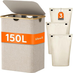 Lifewit 150 L veļas grozs ar vāku, veļas kaste ar 3 nodalījumiem, liels veļas grozs, veļas šķirotājs, veļas grozs, veļas kaste veļas mazgātavai, vannas istabai, guļamistabai, bēšs