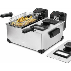 H.Koenig DFX600 Nerūsējošā tērauda fritēze Dubultā bļoda 2 neatkarīgi termostati pa 3 litriem katrā Noņemami trauku mazgājamā mašīnā droši grozi Smaržu filtrs Aizsardzība pret pārkaršanu Sudraba krāsā