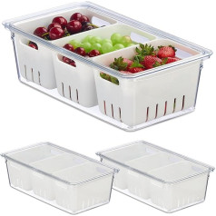 Relaxdays Refrigerator, Set of 3, Stackable, 3 Draining Baskets, Food Organiser with Lid, Transparent/White