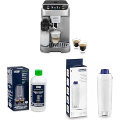 De'Longhi Magnifica Plus DLSC002 ECAM322.70.SB Pilnībā automātisks kafijas automāts ar LatteCrema piena sistēmu + oriģinālais EcoDecalk DLSC 500 ūdens attīrītājs ar atkaļķošanas filtru