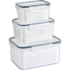 Lizbin Pack of 3 Fruit Storage Containers for the Fridge with Removable Strainer, Leak-proof Food Storage Containers, Airtight Storage Containers for Food, Food Storage