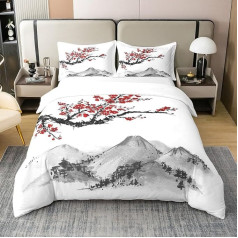 Homewish 100% kokvilnas sega 140 x 200 cm Japānas stilā apdrukāta ar sarkaniem ķiršu ziediem pieaugušajiem, sievietēm, pusaudžiem, gultasveļa ar Fuji kalna tinti
