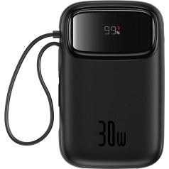 Power banka 10000mAh QPow 2 30W ar integrētiem USB-C kabeļiem - melna