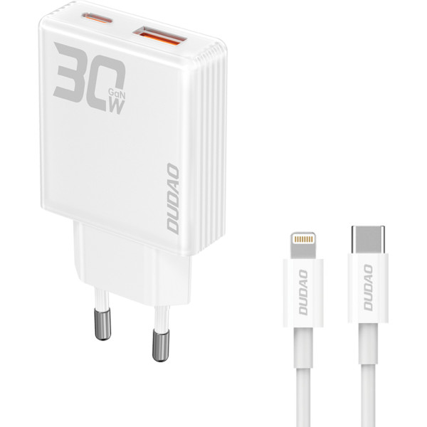 Dudao GaN A30EUL 30W USB-A USB-C tīkla lādētājs + USB-C - Lightning kabelis - balts