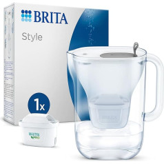 BRITA stila ūdens filtra krūze gaiši pelēka (2,4 l), ieskaitot 1 x Maxtra Pro All-in-1 kārtridžu - modernā dizaina ūdens filtrs ledusskapim, lai samazinātu kaļķakmens, hlora, metālu, piemēram, svina un vara klātbūtni.