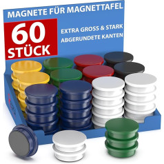 REORDA® Magnēti magnētiskajai tāfelei - 60 x spēcīgi magnēti tāfelei, tāfelei, ledusskapja magnēti un tāfeļu magnēti, stipri līmējoši, apaļi magnēti - krāsaini