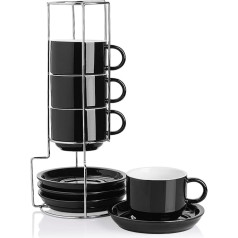 Sweejar Home Porcelāna espresso tasītes ar paliktnīšiem, 230 ml ietilpīgas kapučīno tasītes ar metāla statīvu kafijas dzērieniem, latte, tējai, 4 krūzītes (melnas)