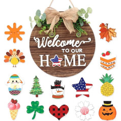 Porch Decor Welcome Sign, koka Welcome Sign, durvju vainags, apaļa sienas zīme, Welcome Wreaths ar sezonas ornamentu, Housewarming dāvanas, Ziemassvētki, ārdurvis
