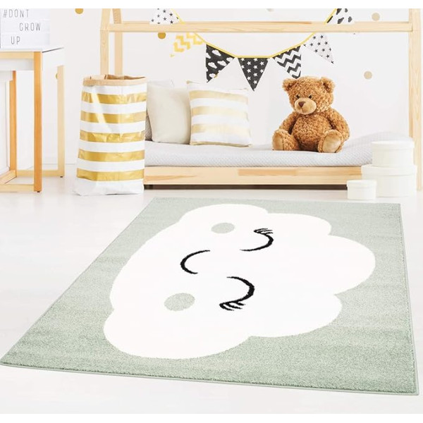 Carpet City bērnu paklājs bērniem Bubble Kids Flat Pile ar mākoņu dizainu rozā, piparmētru zaļā, tīseļzila vai bēša krāsā bērnu guļamistabām