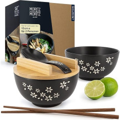 Moritz & Moritz 2 x Ramen keramikas bļodas, 600 ml, 15 cm diametrs, melns Ramen bļodu komplekts 2 personām, zupas, Pho un suši bļodai, komplektā ietilpst nūjiņas, vāks un karote