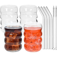 Icesip Ribotas dzeramās glāzes ar stikla salmiņiem 16oz viļņa formas glāzes ar 4 ledus kafijas glāzes Kokteiļu glāzes Ūdens glāze ar birstīti