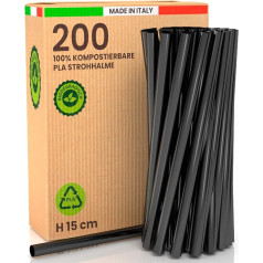 200 ekoloģiski 100 % cietas bioplastmasas salmiņi 15 cm x 8 mm bioloģiski noārdāmi, kompostējami un atkārtoti lietojami, ražoti Itālijā - ideāli piemēroti dzērieniem, kokteiļiem, pasākumiem un ballītēm - krāsa melna