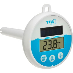 TFA Dostmann 30.1068.02 Digitālais baseina termometrs ar saules enerģiju, peldošs ūdenī, piemērots baseinam/dīķim/peldbaseinam/virtuvei, ar stiprinājuma auklu (1 m), saules enerģijas avots, balts/melns