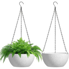 T4U Flower Pot Hanging Plastmasas komplekts no 2 Diametrs 25 cm Hanging Pot for Plants Speckled White Hanging Basket with Hook Round Large for Indoor and Outdoor Use Decoration Hanging Pot for Plants for Home,