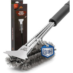 grillart® Premium grila birste ar nerūsējošā tērauda skrāpi, 3-in-1, elastīga grila birste ar trīskāršu sariņu galviņu ātrai un rūpīgai tīrīšanai, ideāli piemērota gāzes, kokogļu un kūpinātāju griliem, 30 cm gara